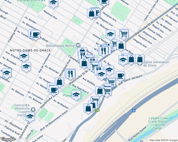 map of restaurants, bars, coffee shops, grocery stores, and more near 6550 Rue Sherbrooke Ouest in Montréal