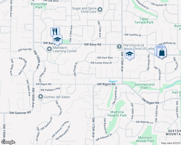 map of restaurants, bars, coffee shops, grocery stores, and more near 17545 Southwest Tia Terrace in Beaverton