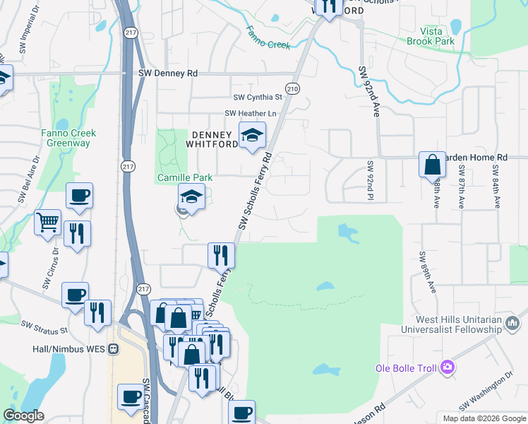 map of restaurants, bars, coffee shops, grocery stores, and more near 9845 Southwest Eagle Lane in Beaverton