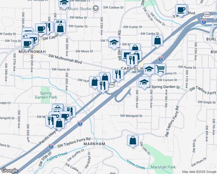 map of restaurants, bars, coffee shops, grocery stores, and more near SW Barbur Blvd & SW Spring Garden St in Portland