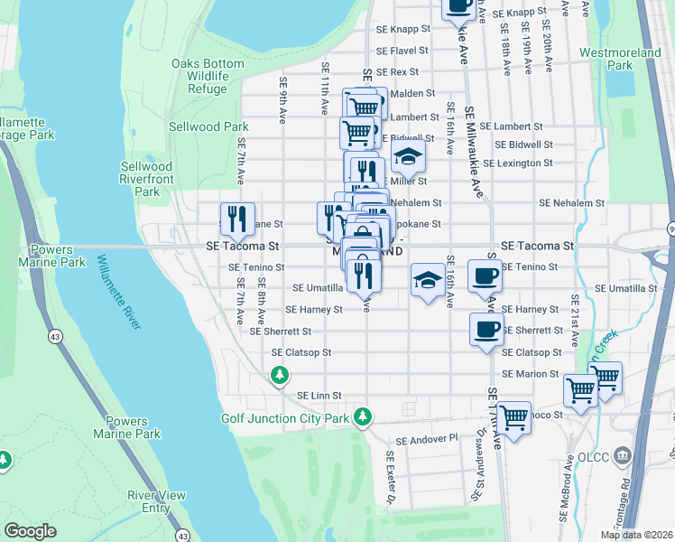 map of restaurants, bars, coffee shops, grocery stores, and more near 1122 Southeast Tenino Street in Portland