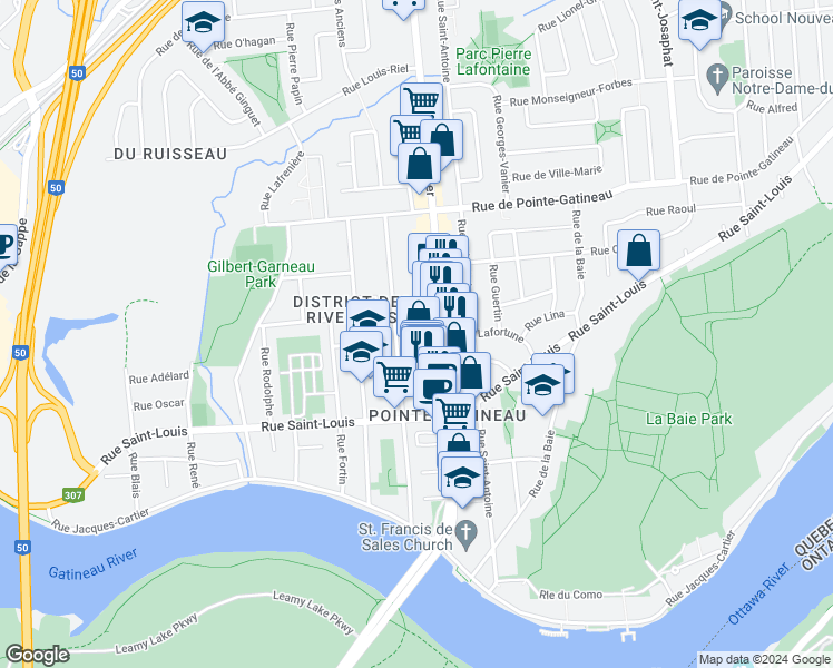 map of restaurants, bars, coffee shops, grocery stores, and more near 70 Boulevard Gréber in Gatineau