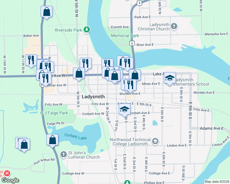 map of restaurants, bars, coffee shops, grocery stores, and more near 120 1st Street South in Ladysmith