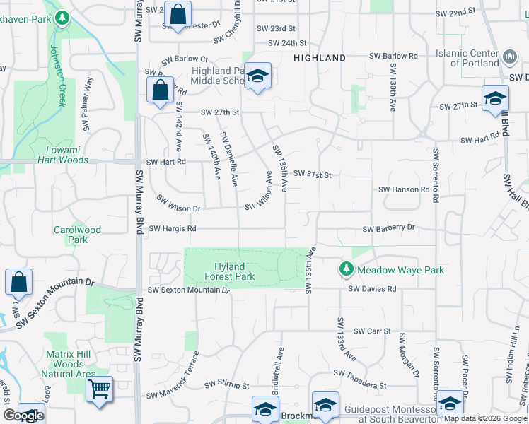 map of restaurants, bars, coffee shops, grocery stores, and more near 7740 Southwest Wilson Avenue in Beaverton