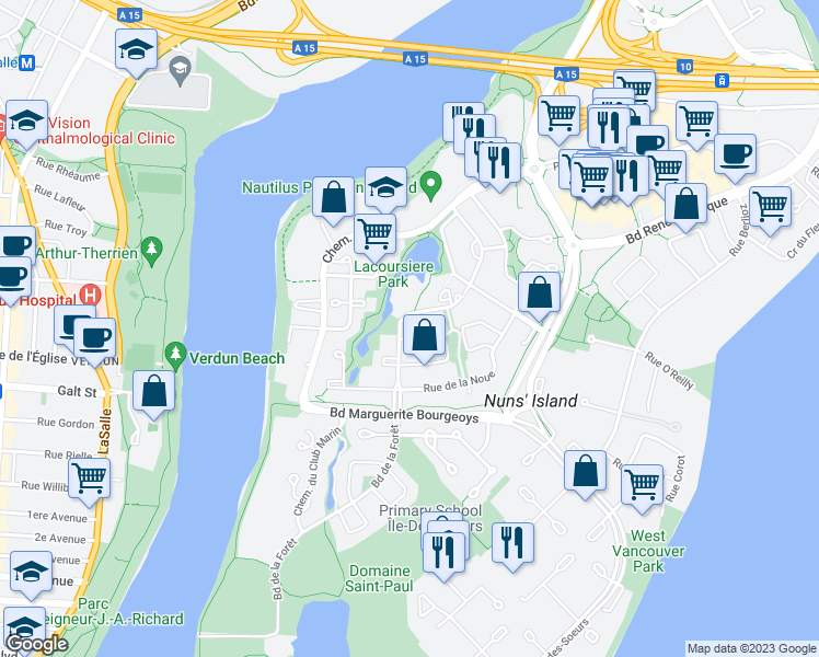map of restaurants, bars, coffee shops, grocery stores, and more near 682 Rue de la Métairie in Montréal