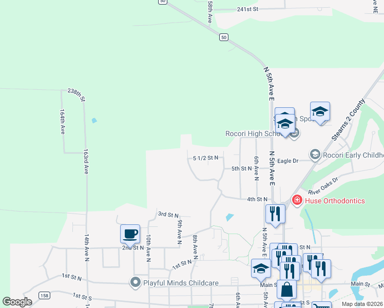 map of restaurants, bars, coffee shops, grocery stores, and more near 819 5 1/2 Street North in Cold Spring