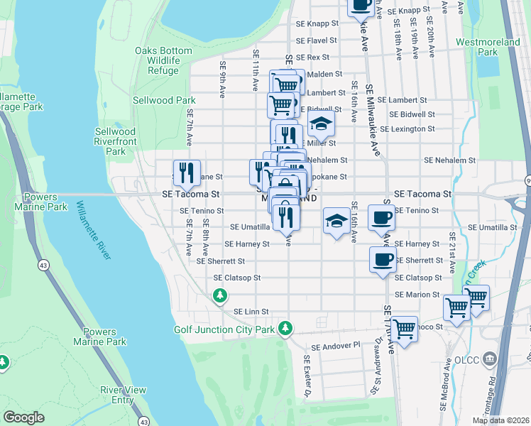 map of restaurants, bars, coffee shops, grocery stores, and more near 1122 Southeast Tenino Street in Portland