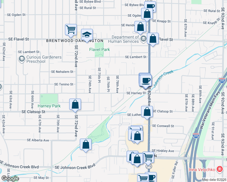 map of restaurants, bars, coffee shops, grocery stores, and more near 8310 Southeast 76th Place in Portland