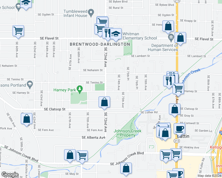 map of restaurants, bars, coffee shops, grocery stores, and more near 7215 Southeast Harney Street in Portland