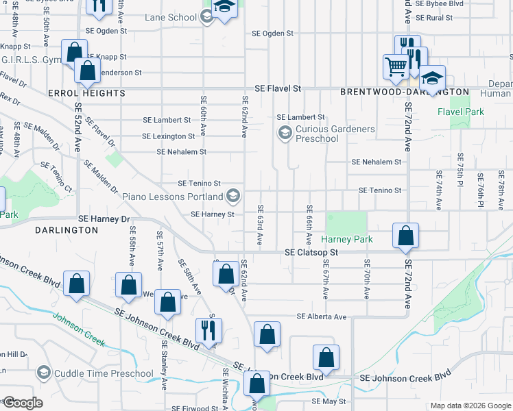 map of restaurants, bars, coffee shops, grocery stores, and more near 8326 Southeast 62nd Avenue in Portland