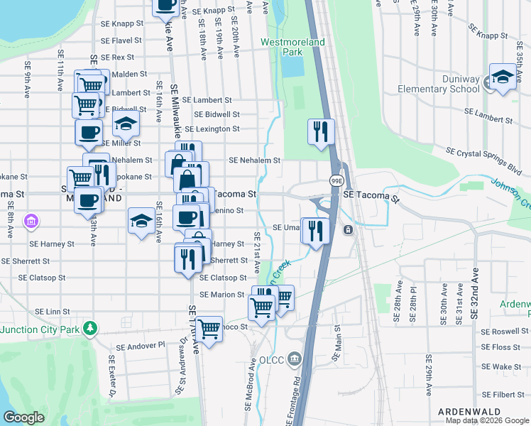 map of restaurants, bars, coffee shops, grocery stores, and more near 2114 Southeast Tenino Street in Portland