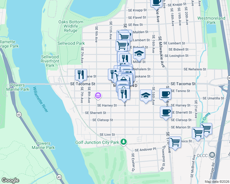 map of restaurants, bars, coffee shops, grocery stores, and more near in Portland