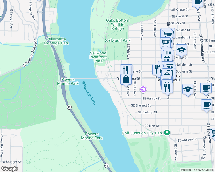 map of restaurants, bars, coffee shops, grocery stores, and more near 340 Southeast Spokane Street in Portland