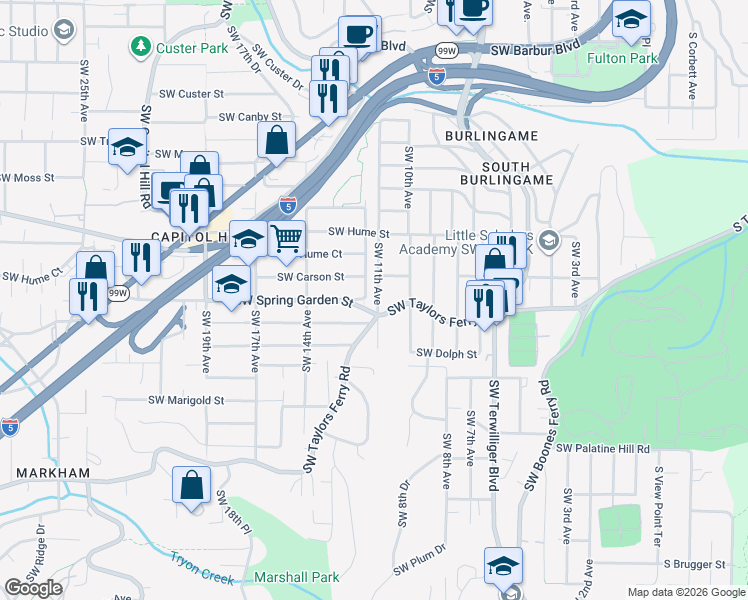 map of restaurants, bars, coffee shops, grocery stores, and more near 8444 Southwest 11th Avenue in Portland