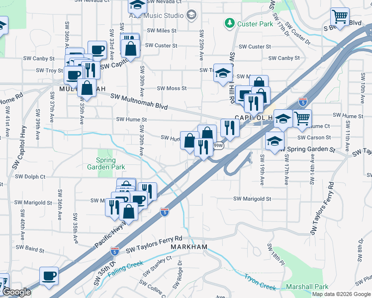 map of restaurants, bars, coffee shops, grocery stores, and more near 2676 Southwest Hume Court in Portland