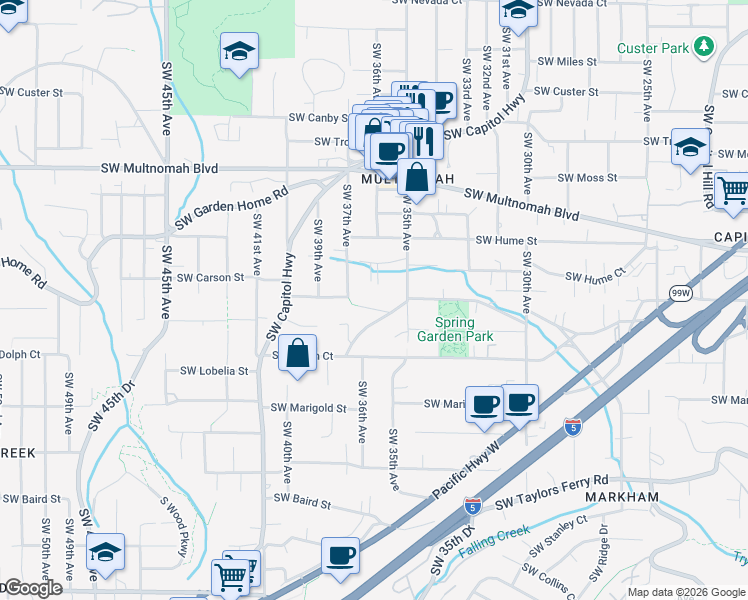 map of restaurants, bars, coffee shops, grocery stores, and more near 8476 Southwest 37th Avenue in Portland