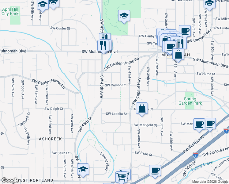 map of restaurants, bars, coffee shops, grocery stores, and more near 8437 Southwest 42nd Avenue in Portland