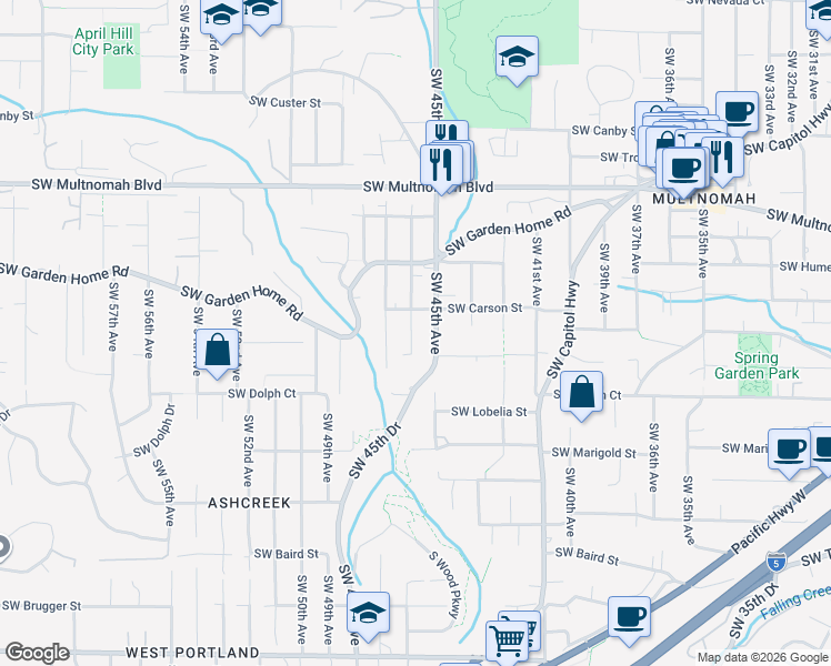 map of restaurants, bars, coffee shops, grocery stores, and more near 8438 Southwest 46th Avenue in Portland