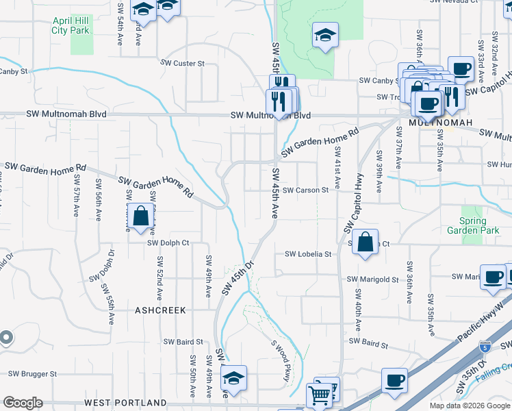map of restaurants, bars, coffee shops, grocery stores, and more near 8438 Southwest 46th Avenue in Portland