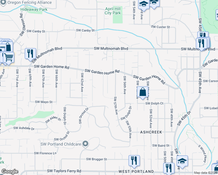 map of restaurants, bars, coffee shops, grocery stores, and more near 8445 Southwest 57th Avenue in Portland