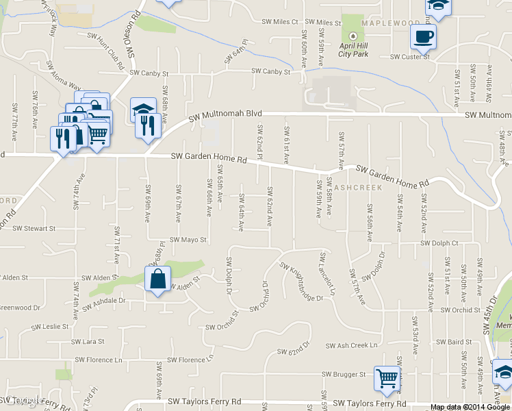 map of restaurants, bars, coffee shops, grocery stores, and more near 8506 Southwest 64th Avenue in Portland