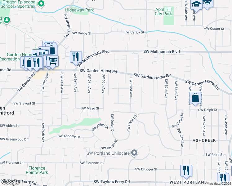 map of restaurants, bars, coffee shops, grocery stores, and more near 8506 Southwest 64th Avenue in Portland