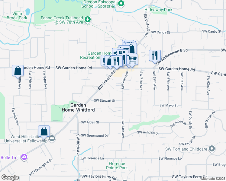 map of restaurants, bars, coffee shops, grocery stores, and more near 7510 Southwest Shirley Lane in Portland