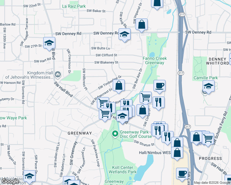 map of restaurants, bars, coffee shops, grocery stores, and more near 11420 Southwest Cardinal Terrace in Beaverton