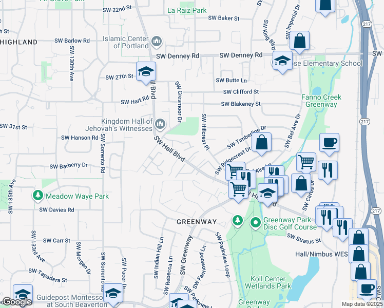 map of restaurants, bars, coffee shops, grocery stores, and more near 7860 Southwest Hall Boulevard in Beaverton