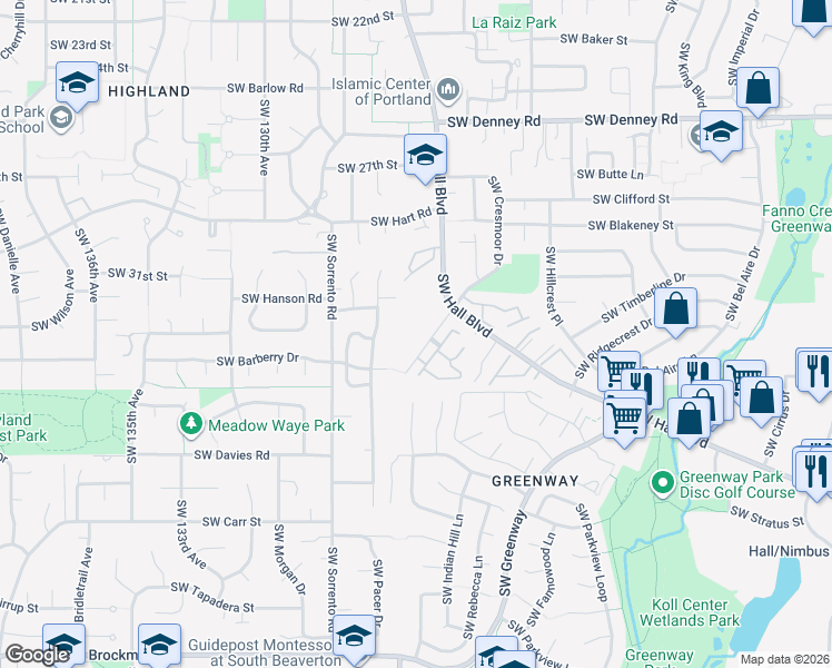 map of restaurants, bars, coffee shops, grocery stores, and more near 7855 Southwest Green Lane in Beaverton