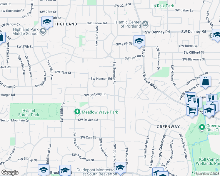 map of restaurants, bars, coffee shops, grocery stores, and more near 7785 Southwest Sorrento Road in Beaverton