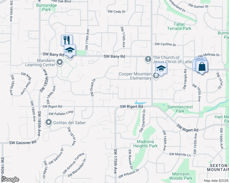 map of restaurants, bars, coffee shops, grocery stores, and more near 17545 Southwest Tia Terrace in Beaverton