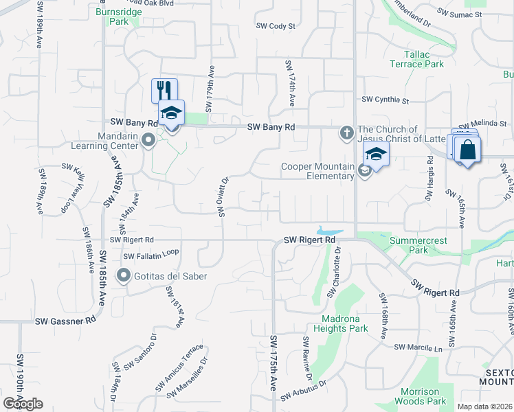 map of restaurants, bars, coffee shops, grocery stores, and more near 17545 Southwest Tia Terrace in Beaverton