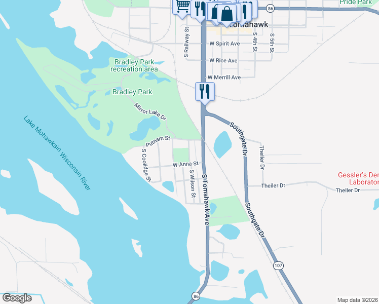 map of restaurants, bars, coffee shops, grocery stores, and more near 625 South Wilson Street in Tomahawk