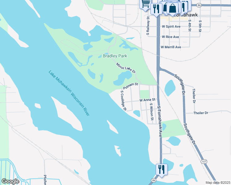 map of restaurants, bars, coffee shops, grocery stores, and more near 602 South Coolidge Street in Tomahawk