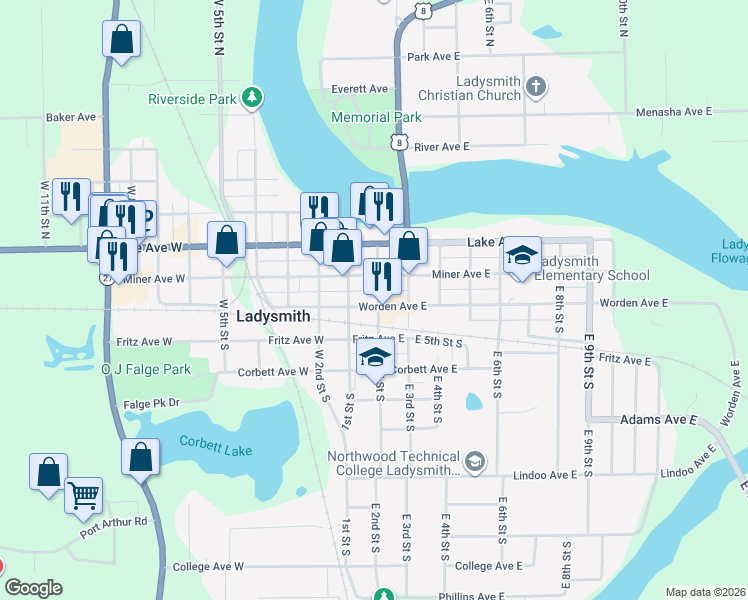 map of restaurants, bars, coffee shops, grocery stores, and more near 201 Worden Avenue East in Ladysmith