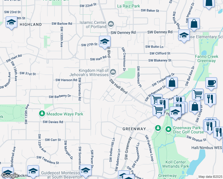 map of restaurants, bars, coffee shops, grocery stores, and more near 7724 Southwest Matheny Drive in Beaverton