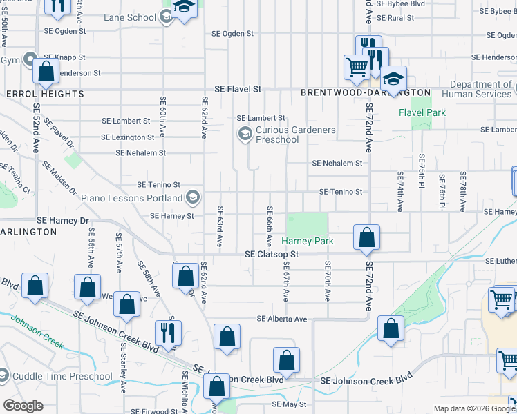 map of restaurants, bars, coffee shops, grocery stores, and more near 8312 Southeast 65th Avenue in Portland