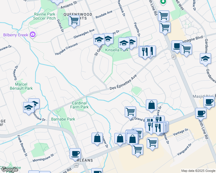 map of restaurants, bars, coffee shops, grocery stores, and more near 303 Bonair Drive in Ottawa