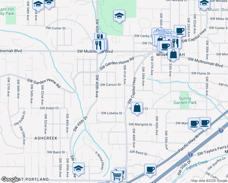 map of restaurants, bars, coffee shops, grocery stores, and more near 8437 Southwest 42nd Avenue in Portland