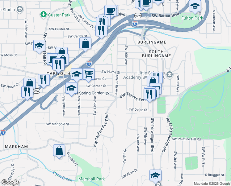 map of restaurants, bars, coffee shops, grocery stores, and more near 8444 Southwest 11th Avenue in Portland