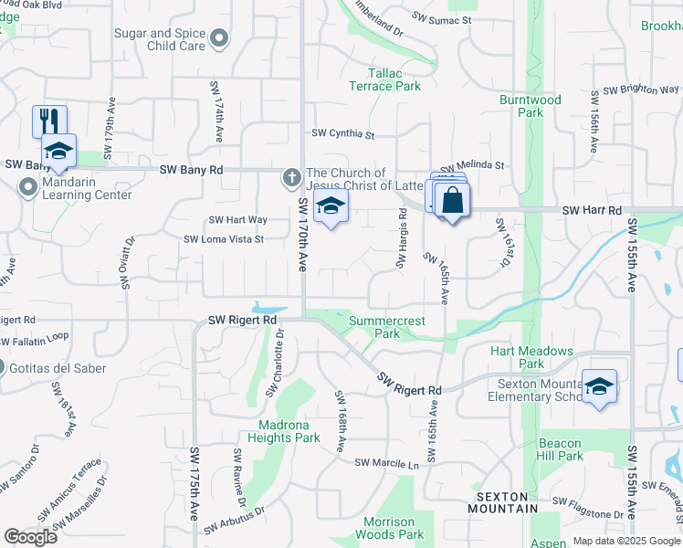 map of restaurants, bars, coffee shops, grocery stores, and more near 16774 Southwest Shelby Court in Beaverton