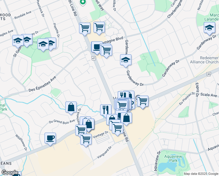 map of restaurants, bars, coffee shops, grocery stores, and more near 1935 Tenth Line Road in Ottawa