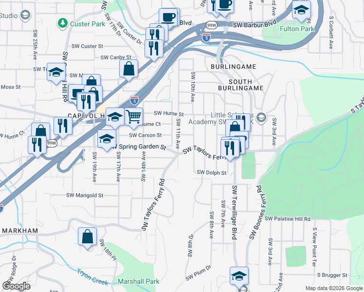 map of restaurants, bars, coffee shops, grocery stores, and more near 8444 Southwest 11th Avenue in Portland