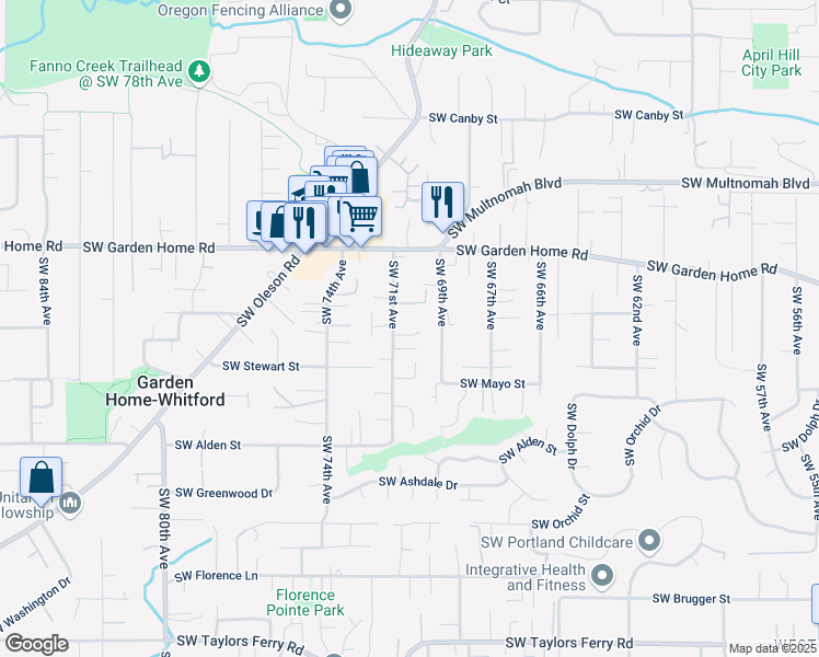 map of restaurants, bars, coffee shops, grocery stores, and more near 7045 Southwest Royal Oak Court in Portland