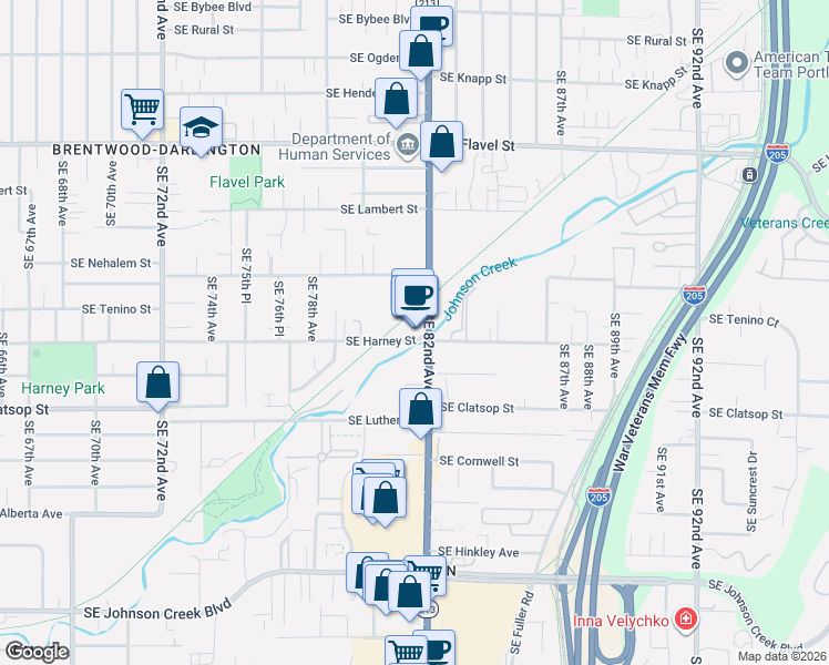 map of restaurants, bars, coffee shops, grocery stores, and more near 8145 Southeast 82nd Avenue in Portland
