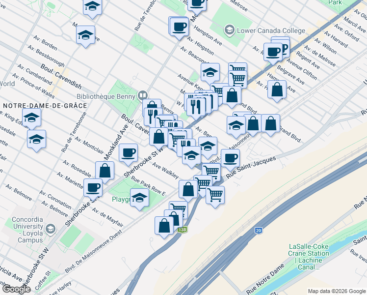 map of restaurants, bars, coffee shops, grocery stores, and more near 3333 Boulevard Cavendish in Montrã©Al