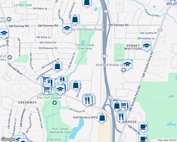 map of restaurants, bars, coffee shops, grocery stores, and more near 7728 Southwest Nimbus Avenue in Beaverton