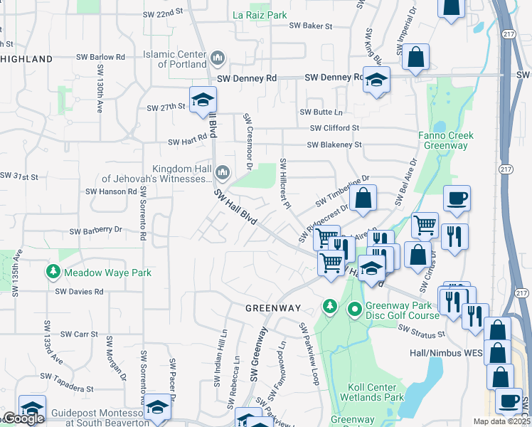 map of restaurants, bars, coffee shops, grocery stores, and more near 7860 Southwest Hall Boulevard in Beaverton
