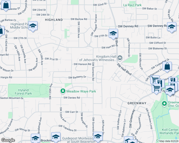 map of restaurants, bars, coffee shops, grocery stores, and more near 7785 Southwest Sorrento Road in Beaverton